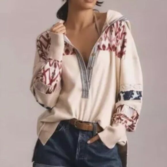 Anthropologie Tops - Anthropologie Pilcro Crafted Button Front Pullover Hooded Printed Lace Cream XS